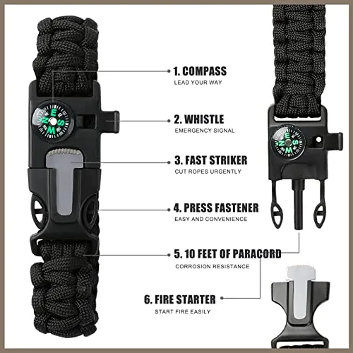 2 Pack Adjustable Paracord Bracelets Kit Ourtdoor Survival Bracelets Gift with Firestart Whistle Loudest Camping Compass