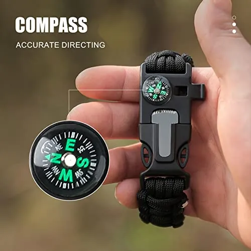 2 Pack Adjustable Paracord Bracelets Kit Ourtdoor Survival Bracelets Gift with Firestart Whistle Loudest Camping Compass