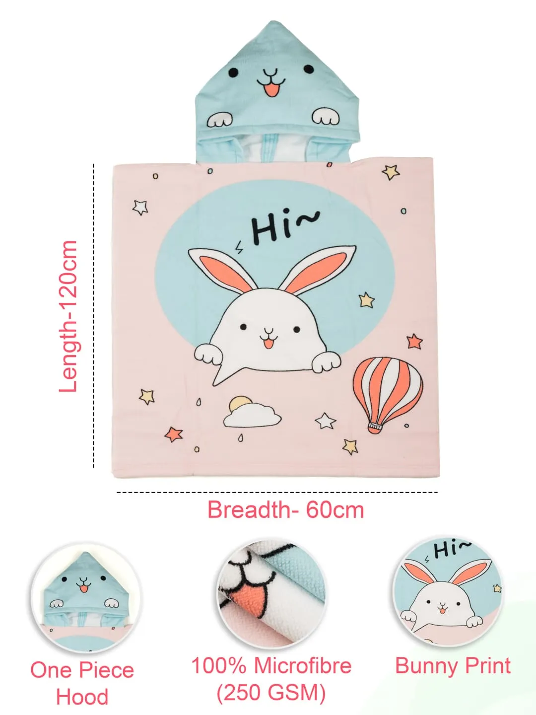 Bunny Hooded Poncho Towel for Girls  - Pink, Blue 120 * 60 cm