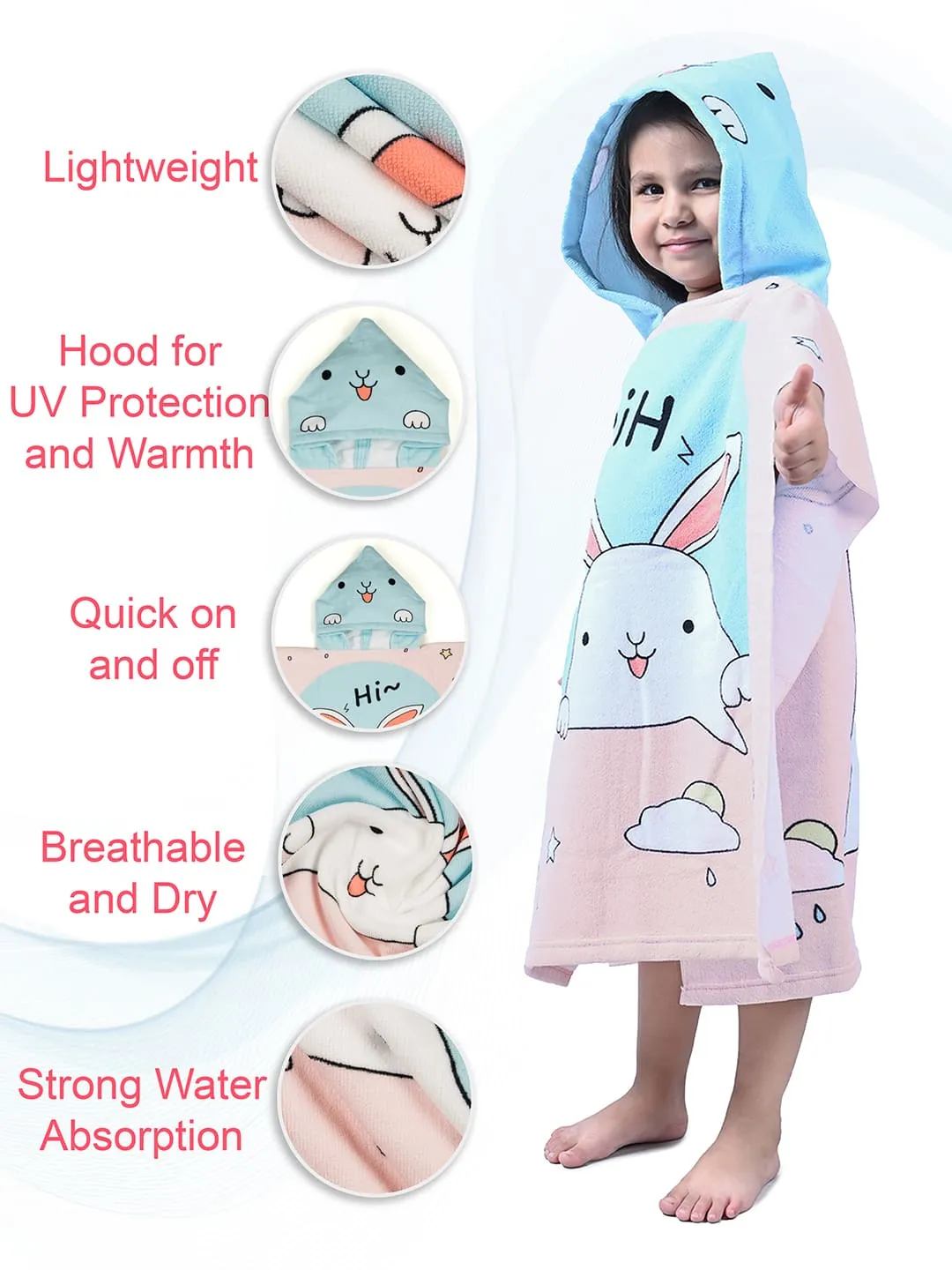 Bunny Hooded Poncho Towel for Girls  - Pink, Blue 120 * 60 cm