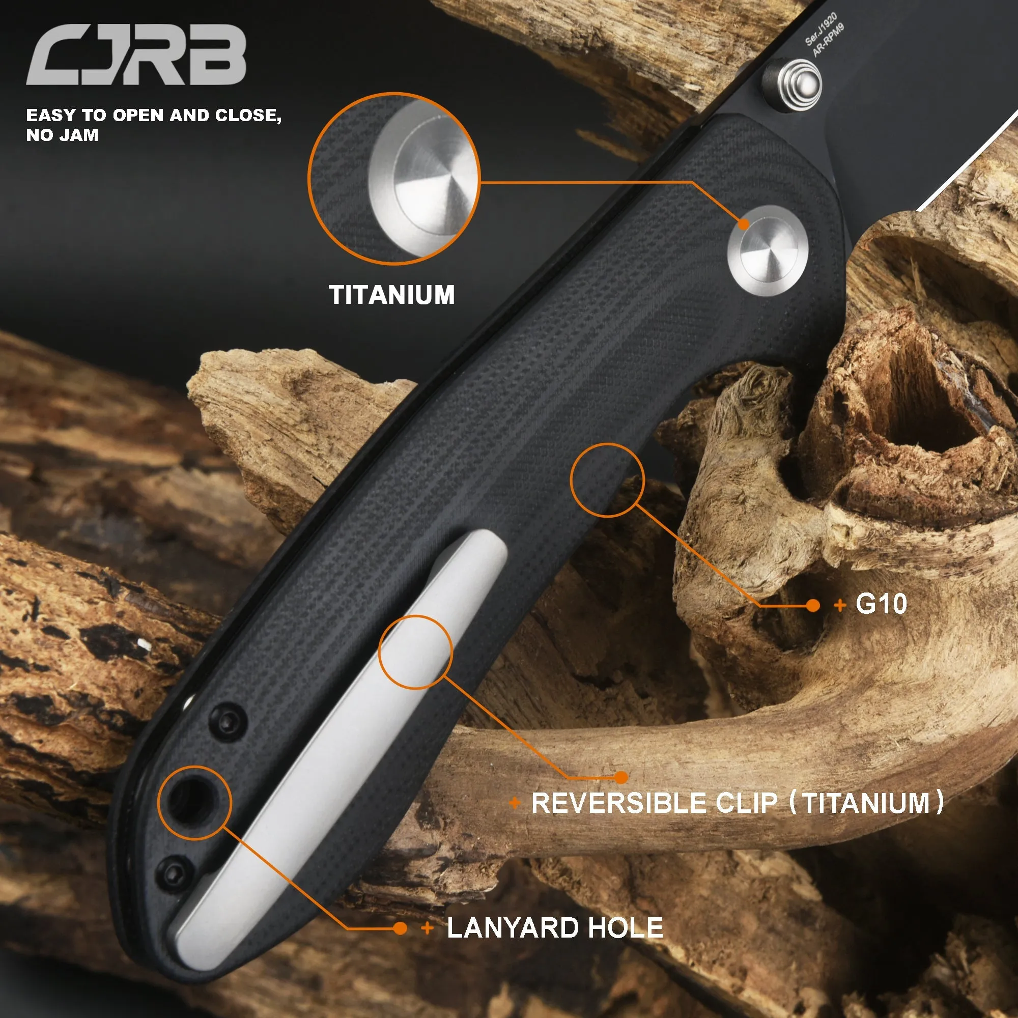 Cjrb Scoria J1920 AR-RPM9 Steel Black Pvd Blade Black G10 Handle Tactical Knives Folding Knives Edc Knives