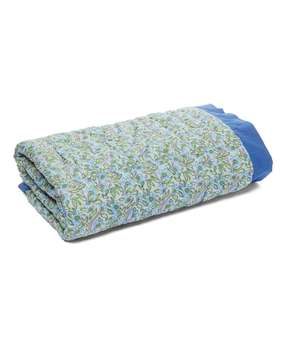 Cobalt Blue-Trim Floral Quilted Blanket