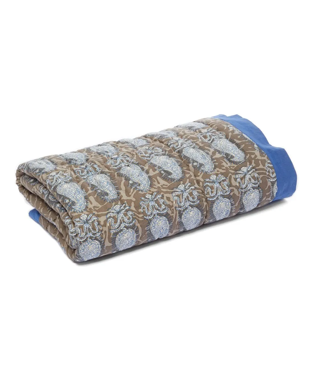 Cobalt Blue-Trim Grey Paisley Quilted Blanket