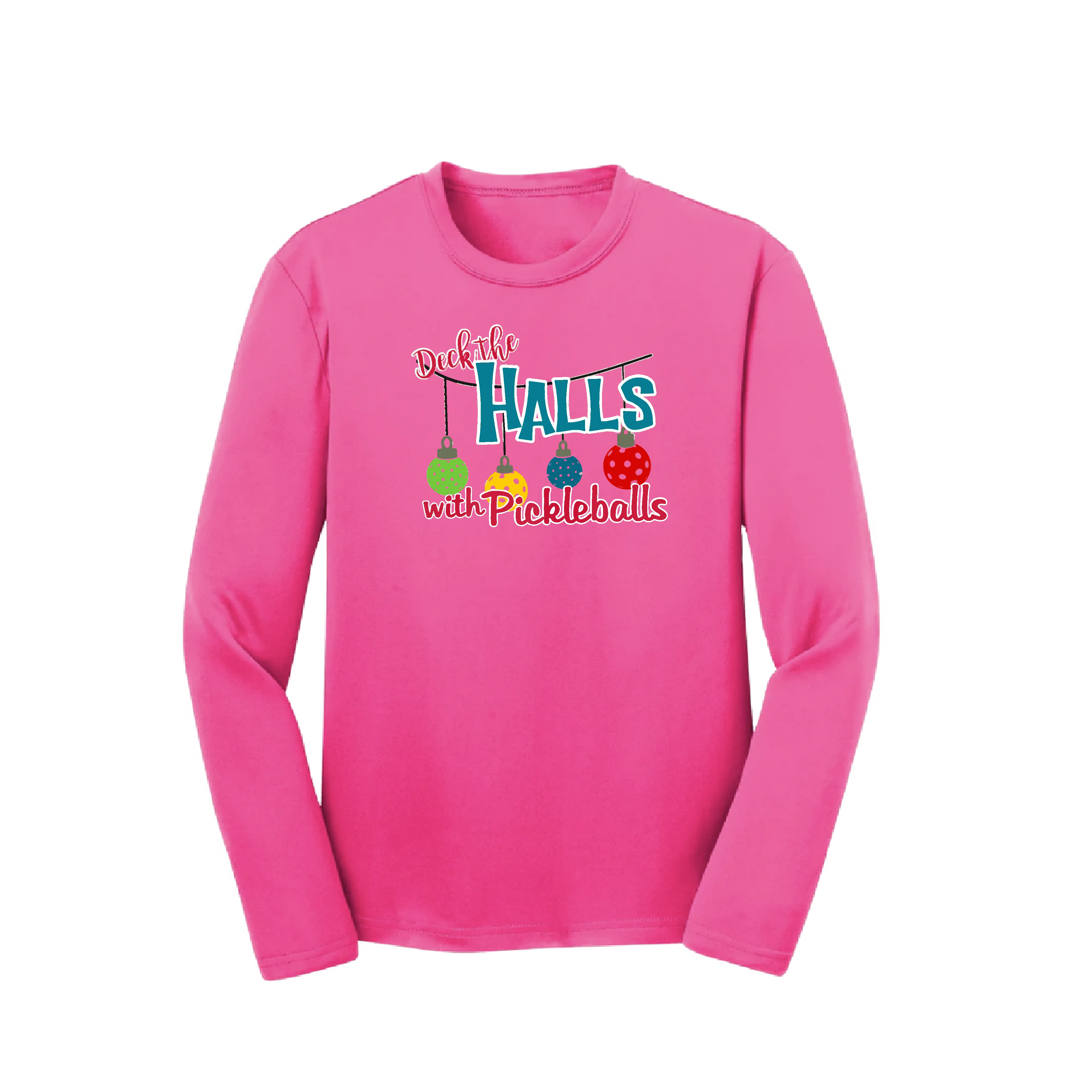 Deck the Halls with Pickleballs | Youth Long Sleeve Pickleball Shirts | 100% Polyester