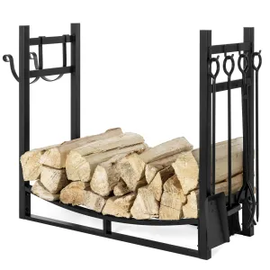 Firewood Log Storage Rack Accessory w/ Kindling Holder - Black