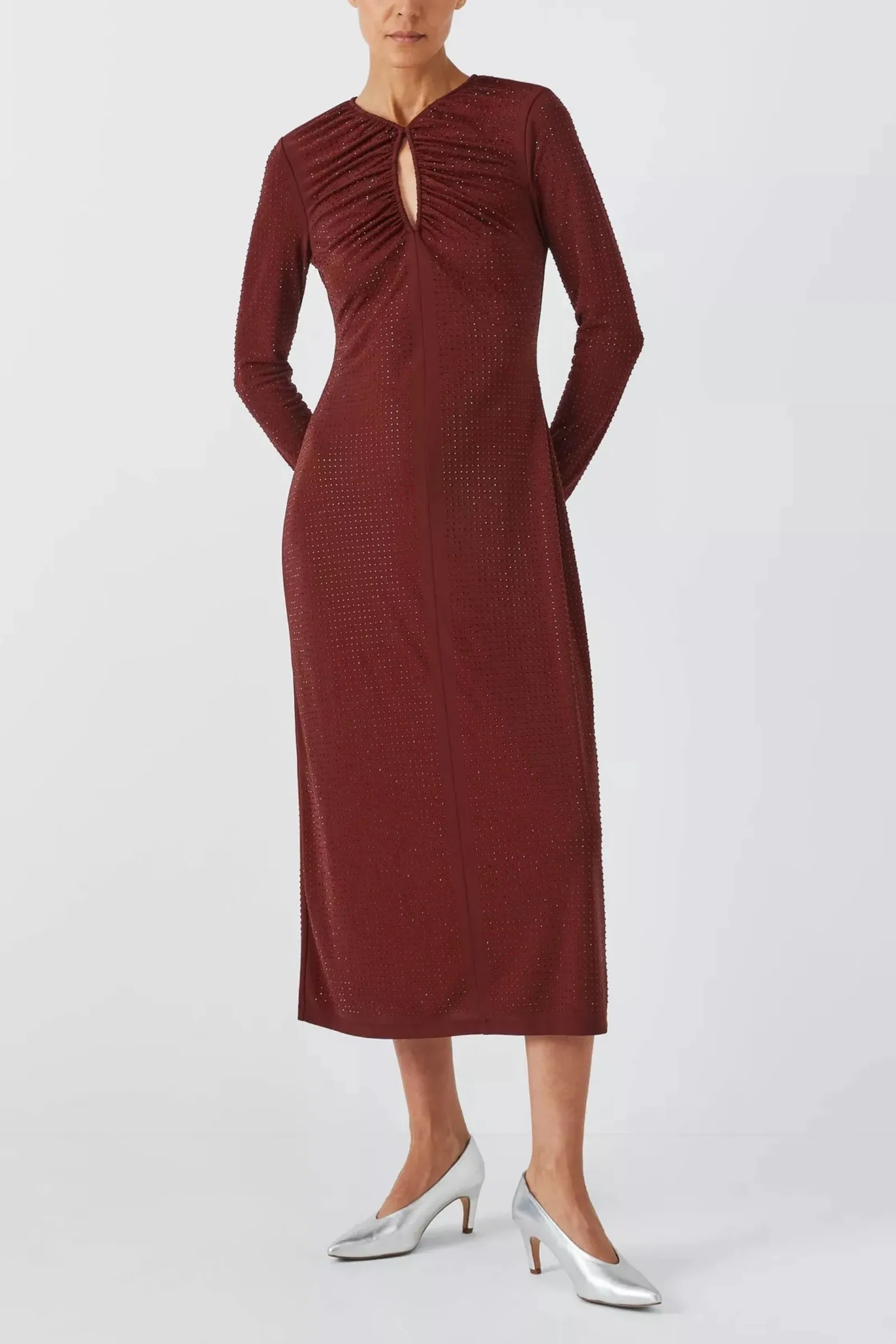 Hot Fix Embellished V-Neck Midi Dress, Burgundy