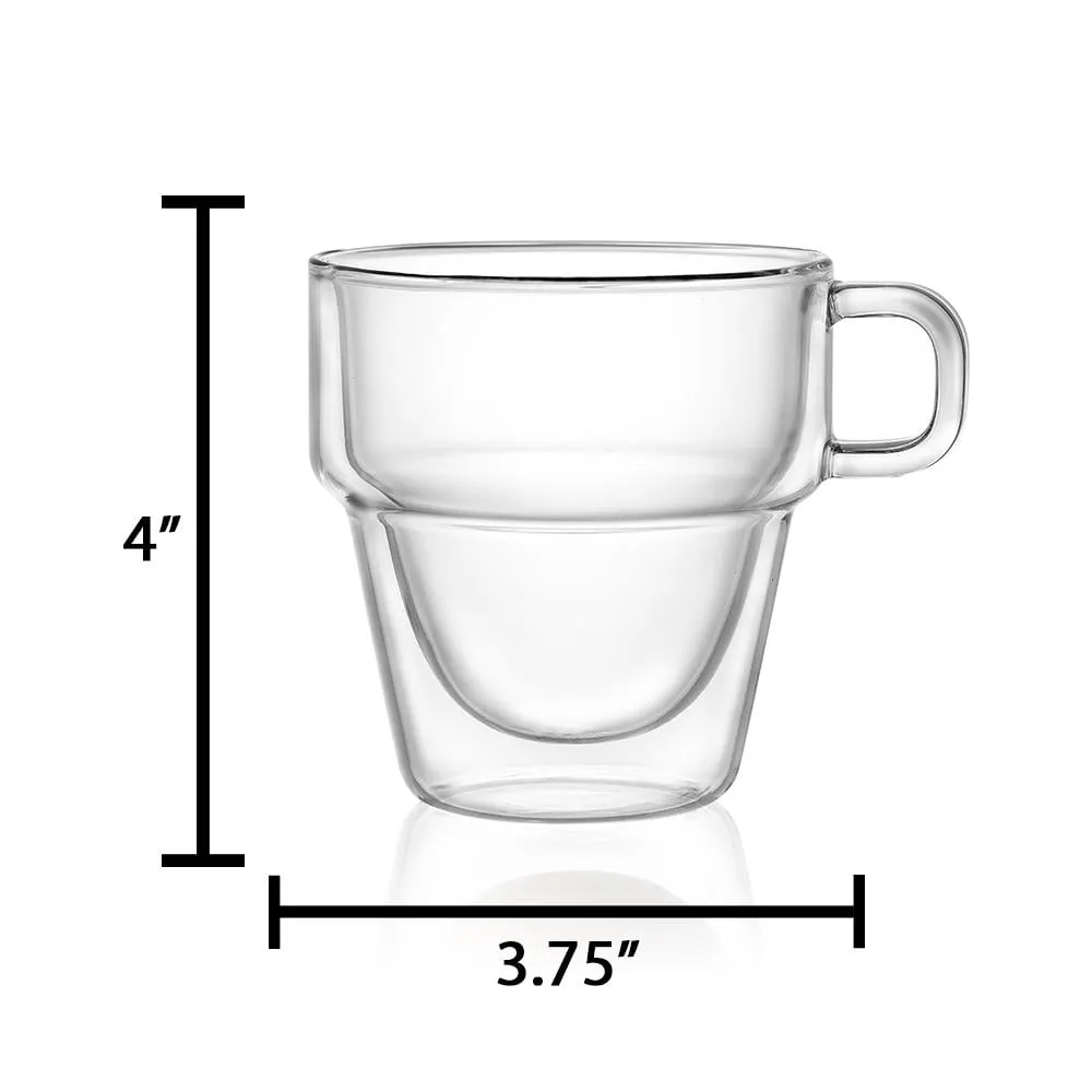 JoyJolt Stoiva Stackable Double Wall Coffee Glasses, 11.5 Oz Glass Coffee Mugs with Handles [Set of 4]