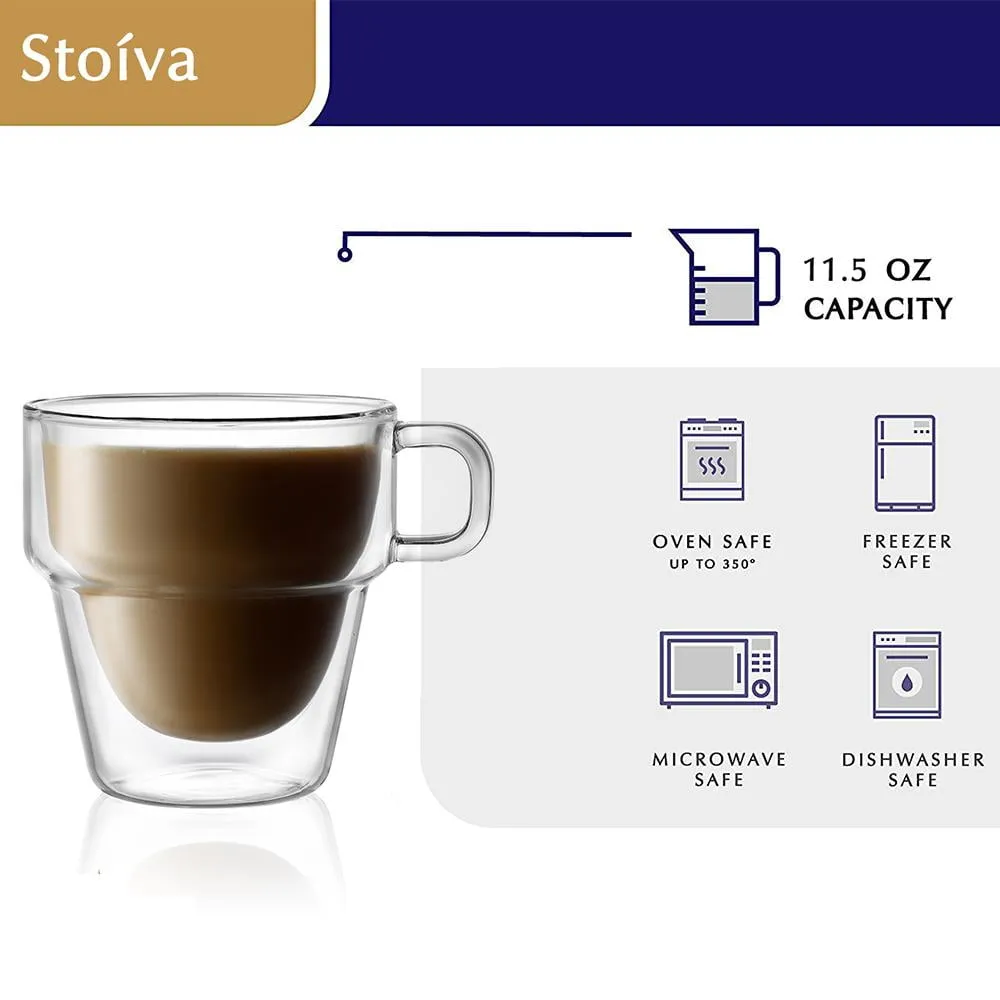 JoyJolt Stoiva Stackable Double Wall Coffee Glasses, 11.5 Oz Glass Coffee Mugs with Handles [Set of 4]