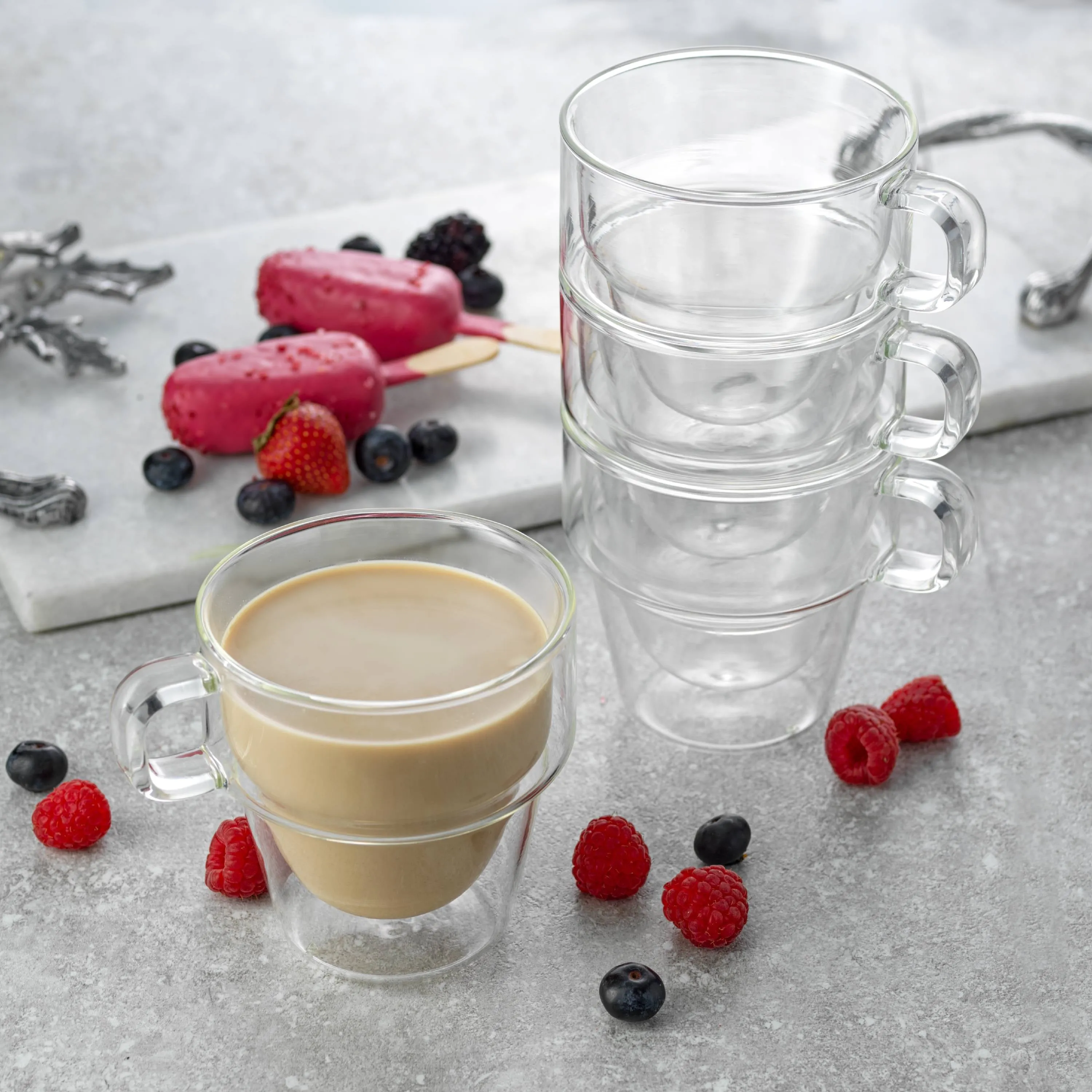 JoyJolt Stoiva Stackable Double Wall Coffee Glasses, 11.5 Oz Glass Coffee Mugs with Handles [Set of 4]