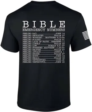 Mens Christian Bible Emergency Numbers Scripture Short Sleeve T-Shirt Graphic Tee