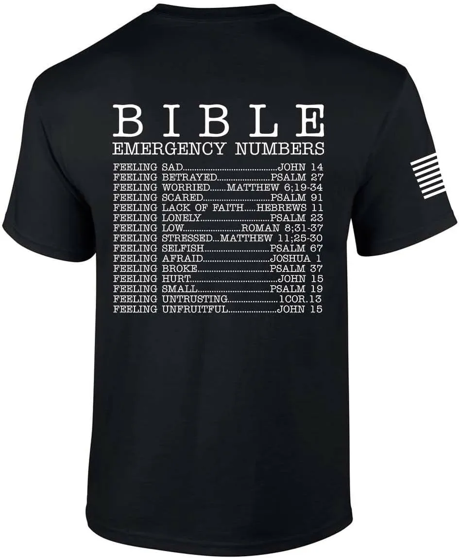 Mens Christian Bible Emergency Numbers Scripture Short Sleeve T-Shirt Graphic Tee