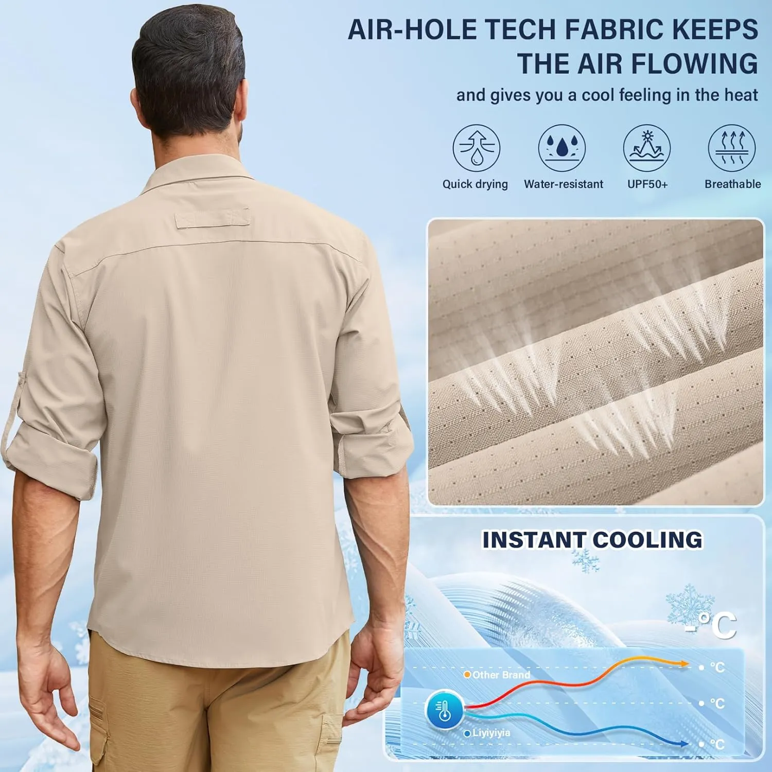 Men's Long Sleeve Sun Protection Fishing Shirt UPF 50 UV Quick Dry Cooling Outdoor Hiking Travel Safari Shirts