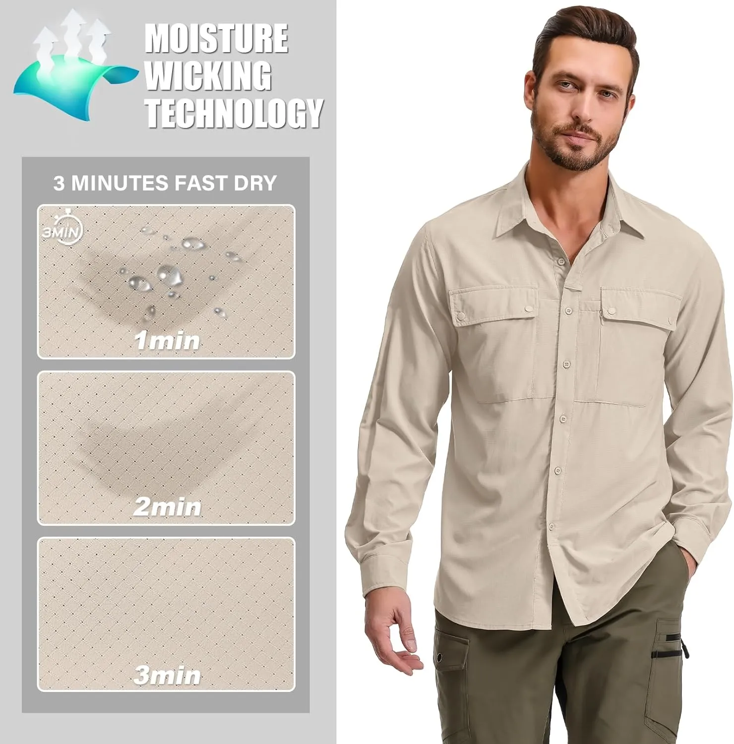 Men's Long Sleeve Sun Protection Fishing Shirt UPF 50 UV Quick Dry Cooling Outdoor Hiking Travel Safari Shirts