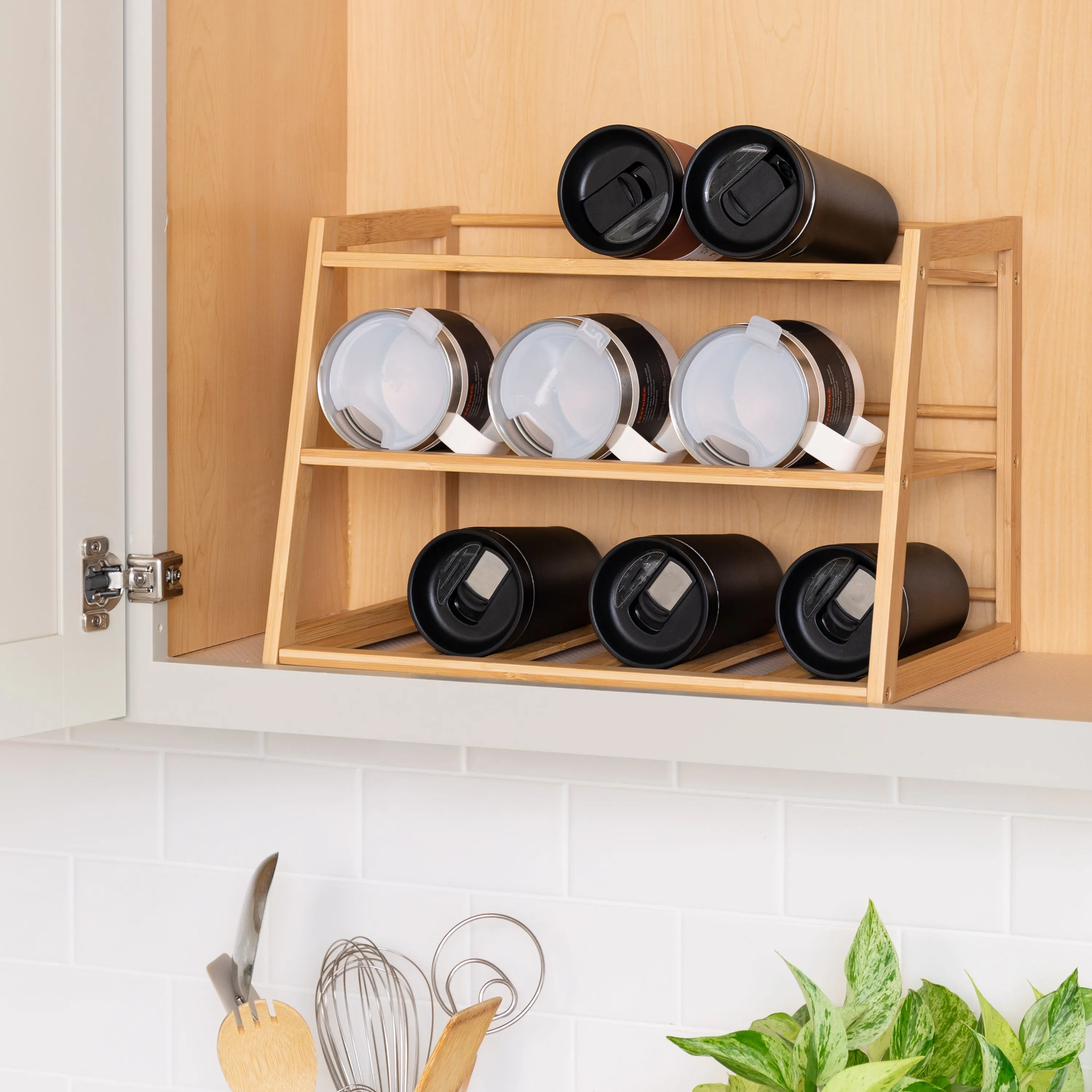 Natural 3-Tier Bamboo Water Bottle Organizer For Cabinet or Pantry