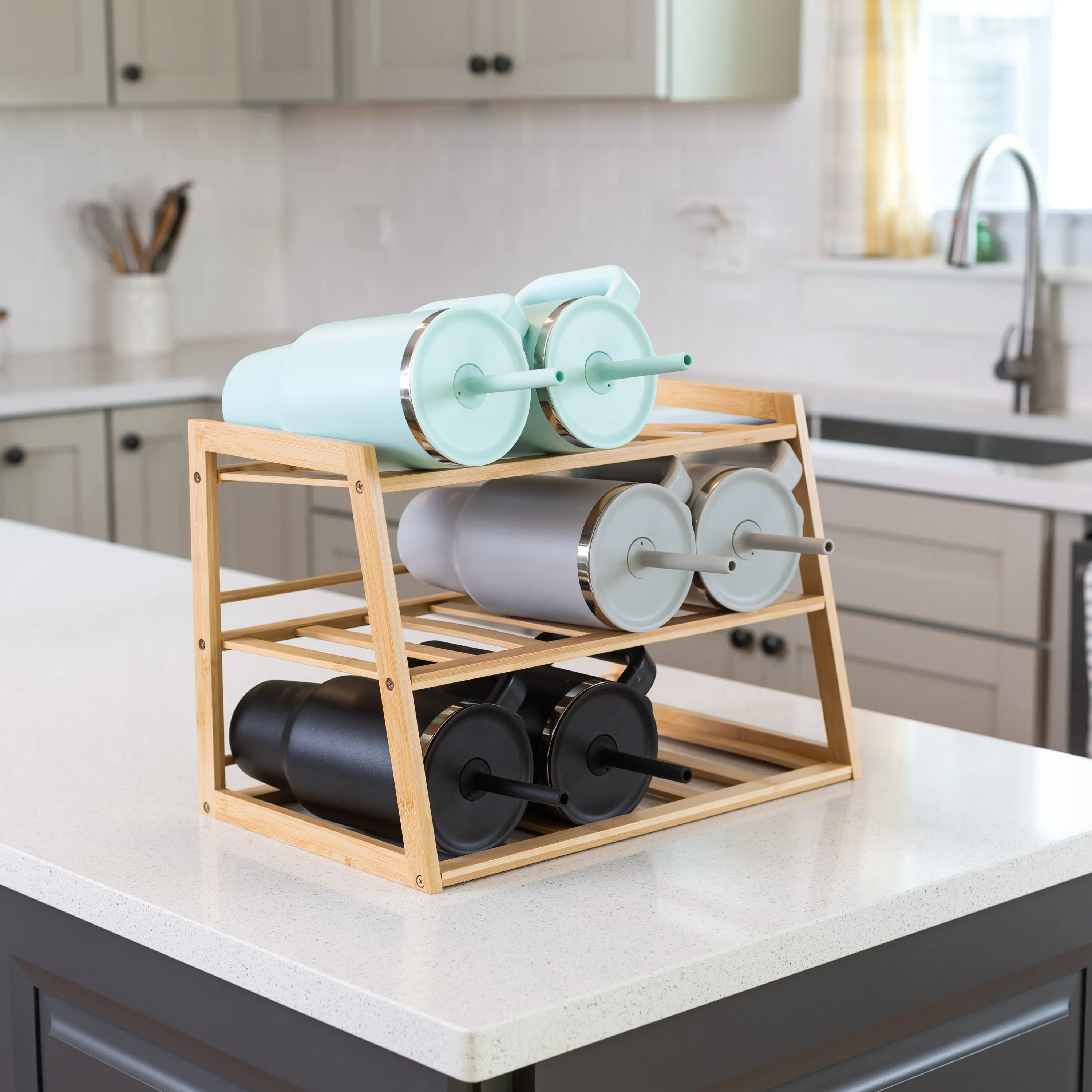 Natural 3-Tier Bamboo Water Bottle Organizer For Cabinet or Pantry