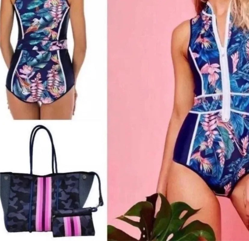 new Neoprene Tote Navy blue Camo   hot pink racing stripes   various: grey gray silver /aquamarine geode / pink/ Cheetah Leopard Deer