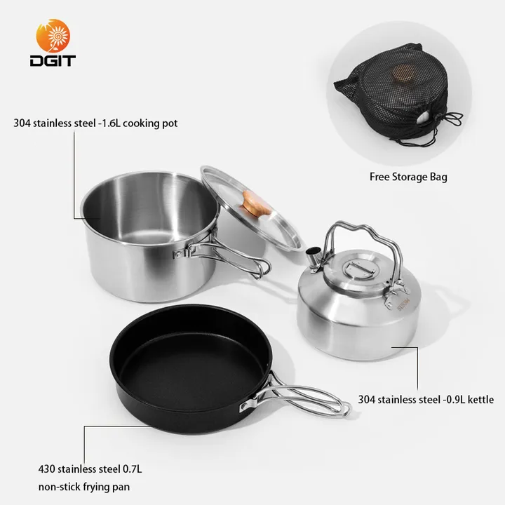 Portable Stainless Steel Camping -مجموعة أدوات طهي