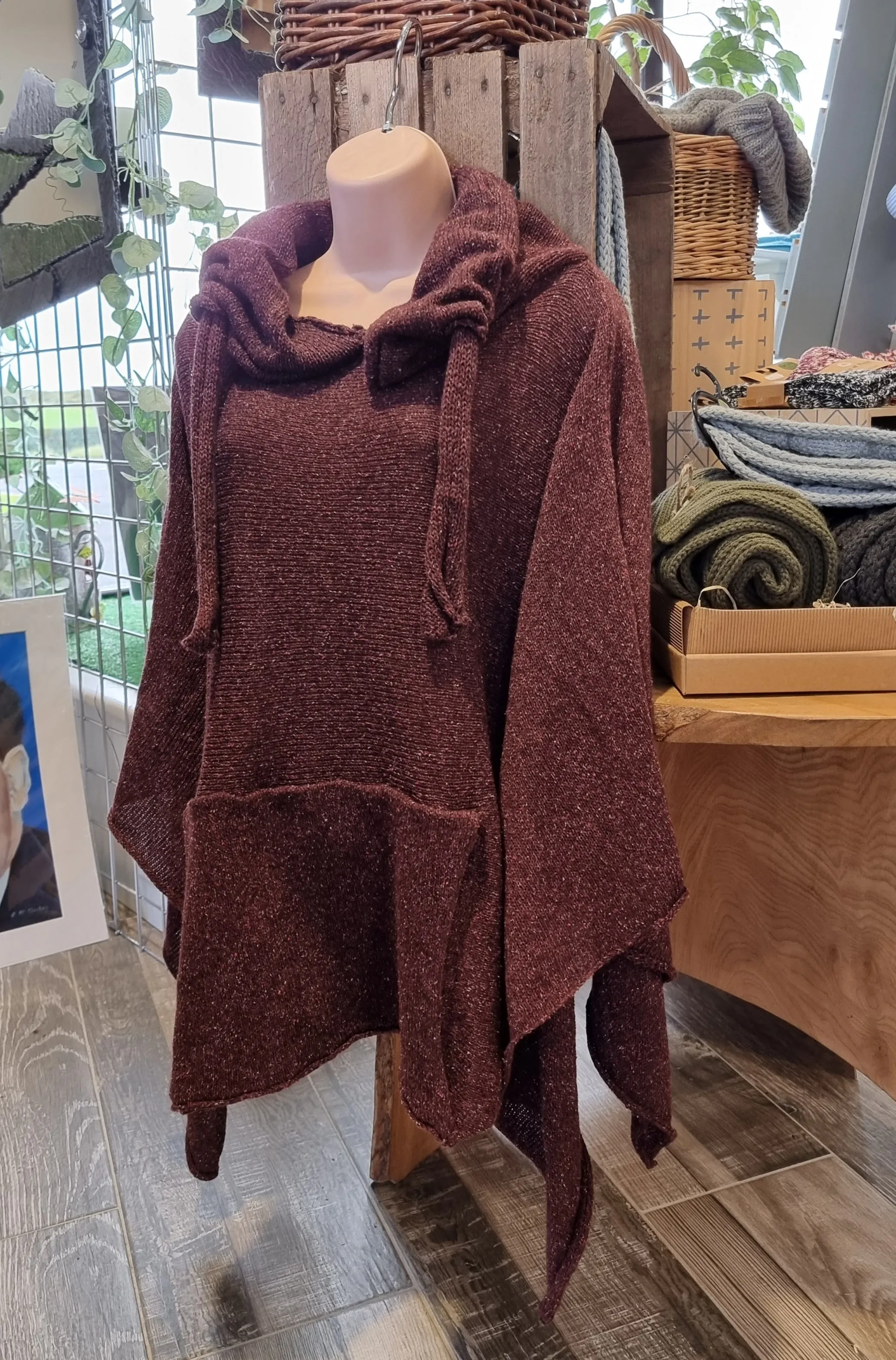 Shuttleknit Ireland Drawstring Poncho with Pocket in Tibet Tweed