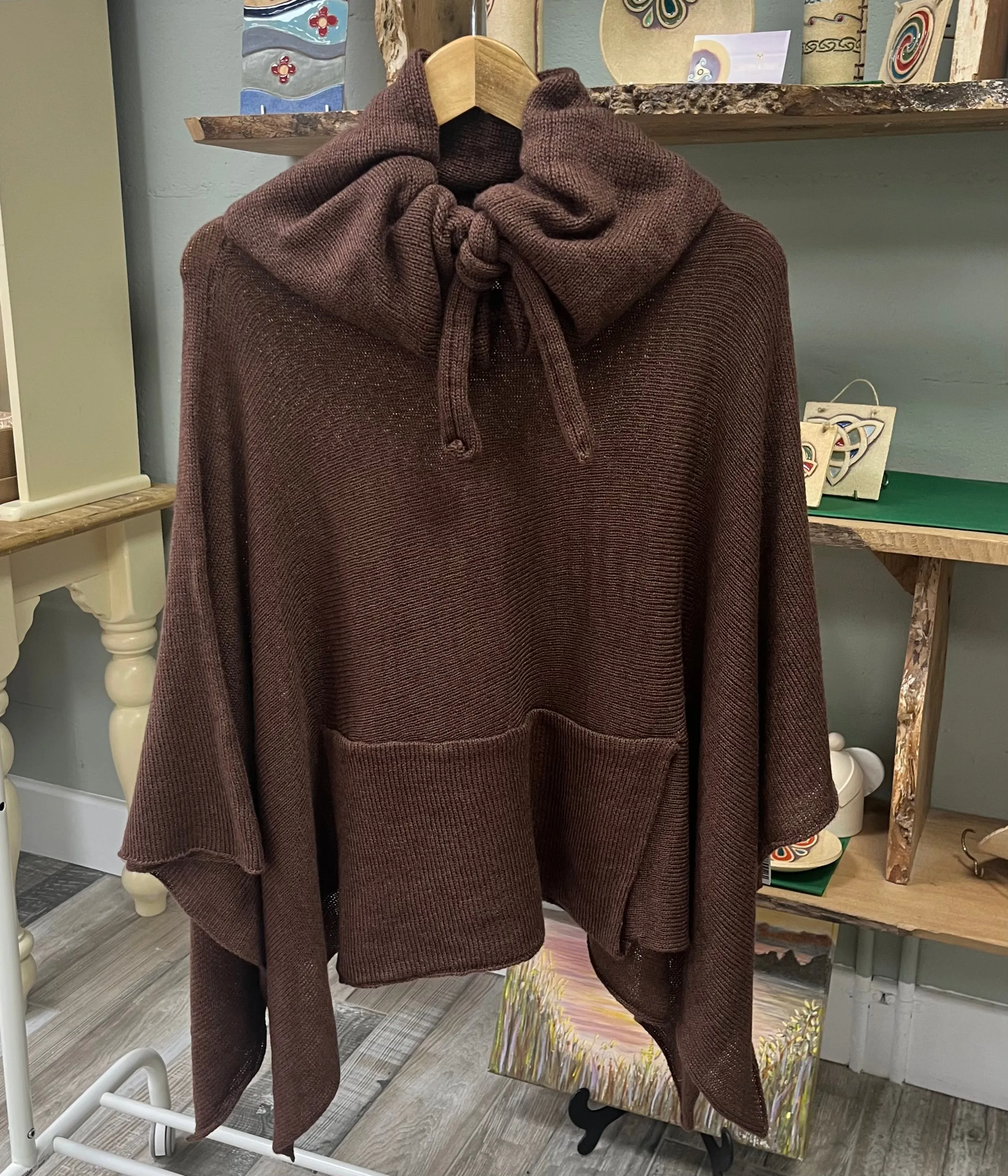 Shuttleknit Ireland Drawstring Poncho with Pocket in Tibet Tweed